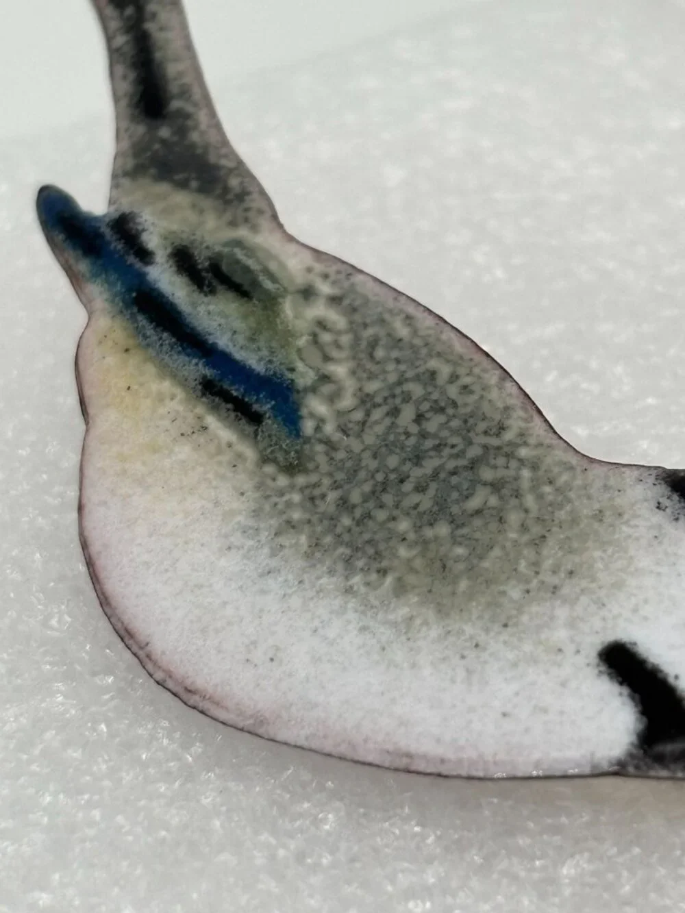 Vintage Artisan Black Capped Chickadee Bird Brooch Enamel on Copper and Unsigned